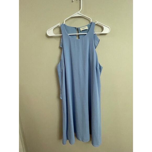 Everly Light Blue Ruffle A Line Dress Soft Back Keyhole Sleeveless Short Medium - Picture 1 of 7